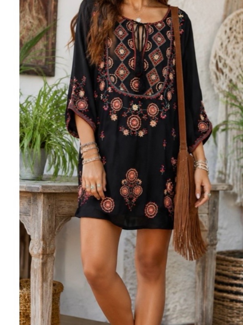 Tolani Black Embroidered Boho Mini Dress size L